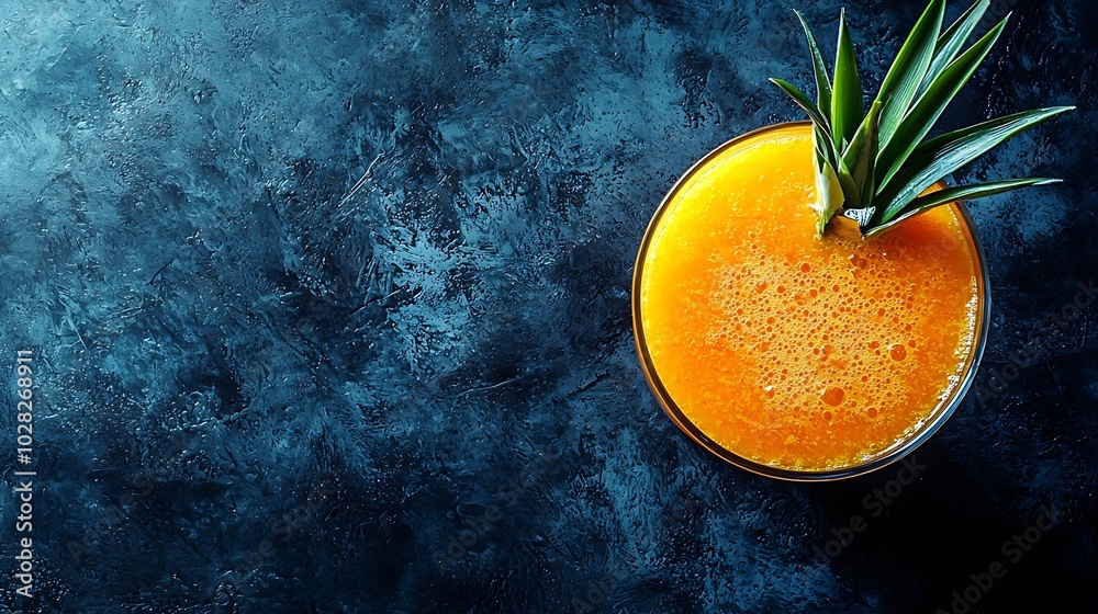 Poster Pineapple with tropical fruit juice smoothie on dark background Copy space Top view : Generative AI