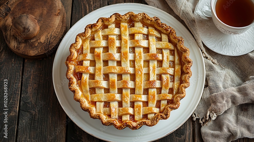 Poster apple pie on a white plate with cup of tea grey background top view : generative ai