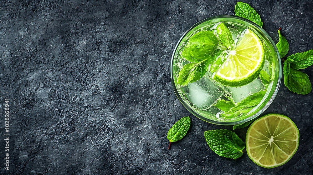 Poster mojito cocktail with lime and mint in highball glass on a grey stone background top view copy space 