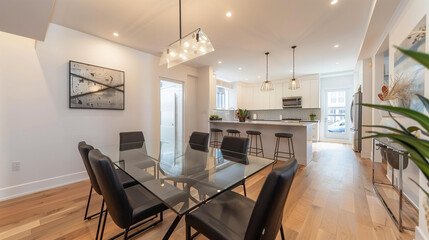Modern dining area with a glass-topped table, high-back black chairs, and an industrial light fixture, set against white walls and hardwood floors.