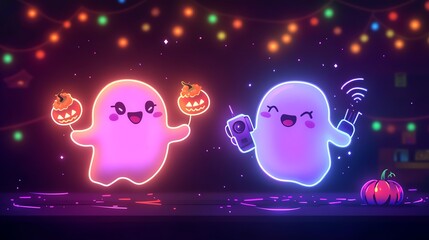Cute neon ghost holding audio device, dancing with Halloween food character, flat design illustration