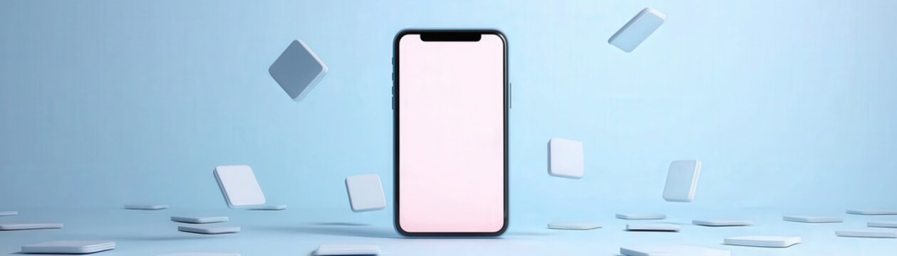 A mobile with a blank screen with notification cards floating on blue background in 3d as mobile push notifications for personalized offers, Mobile marketing on-the-go