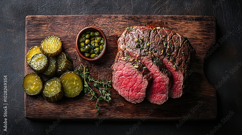 Poster roast beef on wooden cutting board with pickles top view : generative ai