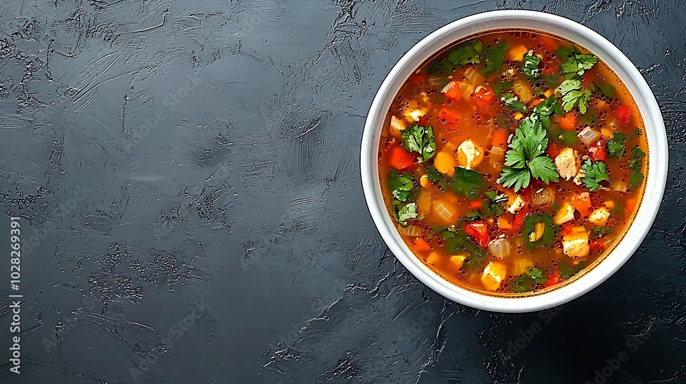Poster chicken soup with vegetables in white bowl grey background top view : generative ai