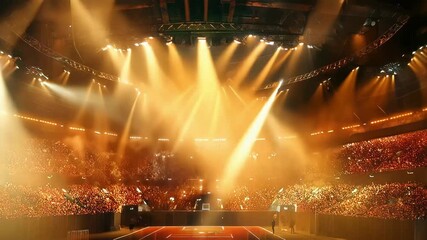Basketball Stadium with Dazzling Lights and Enthusiastic Crowd in an Indoor Arena During a Thrilling Night, 4K Video Footage
