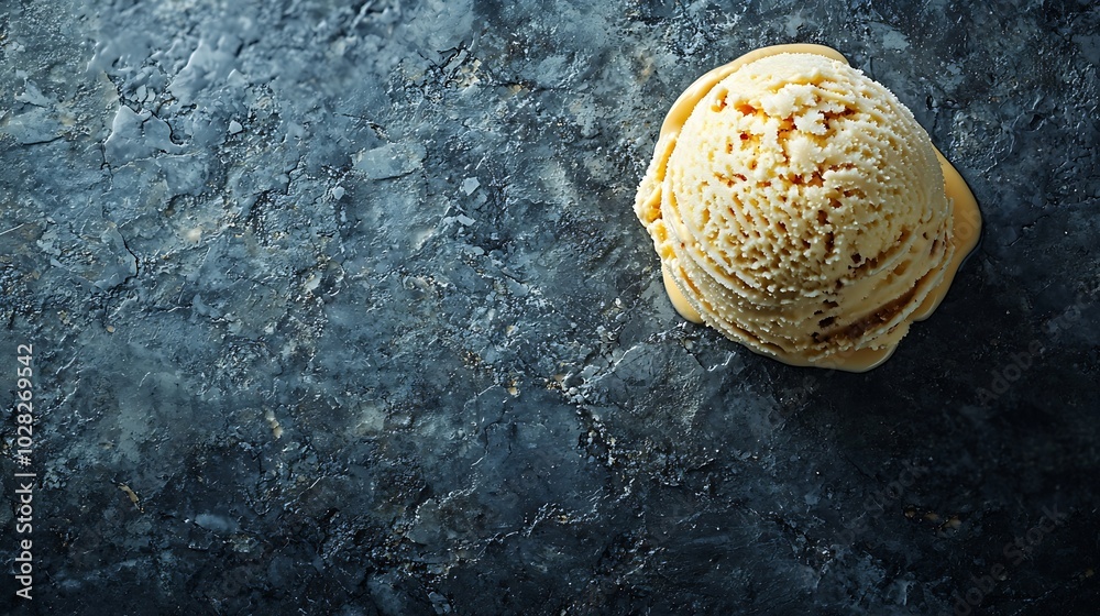 Poster vanila ice cream scoop with caramel topping on grey stone background : generative ai