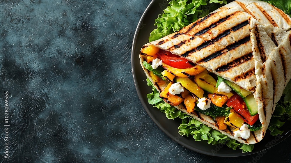 Poster wrap sandwich with grilled vegetables and feta cheese on a plate grey background copy space top view