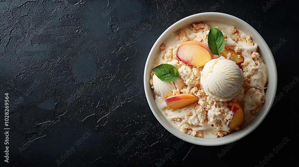 Poster crumble cake with peach fruit and ice cream in bowl close up : generative ai