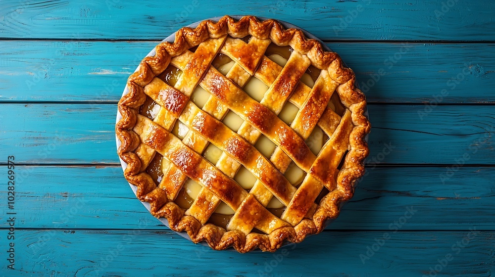 Poster apple pie with cream on a blue wooden background top view copy space : generative ai