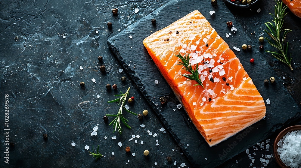 Poster salmon fillet with sea salt on slate dark background close up top view : generative ai