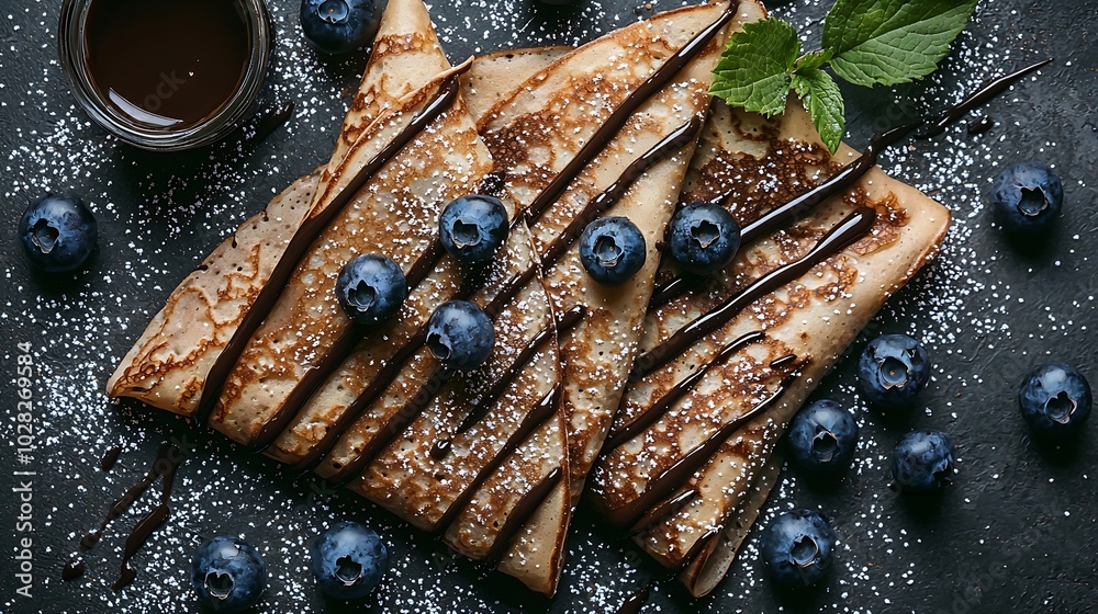 Aufkleber crepes thin pancakes with chocolate sauce and fresh blueberries grey background close up top view : 