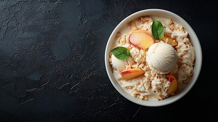 Crumble cake with peach fruit and ice cream in bowl Close up : Generative AI