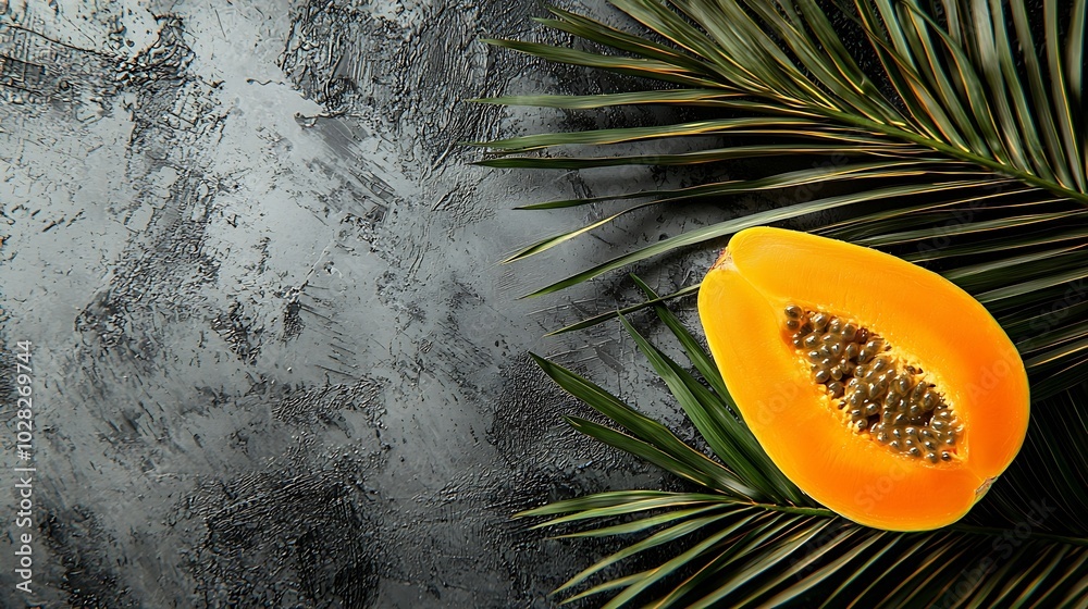 Poster fresh papaya fruit on palm leaf grey stone background top view : generative ai