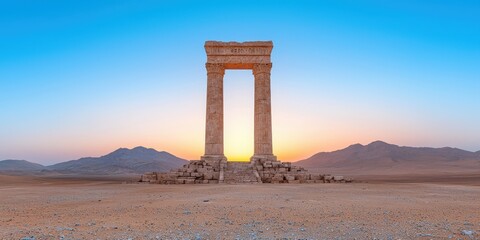Fototapeta premium Ancient Ruins Desert Landscape Sunset Sky Stone Pillars Archaeological Site