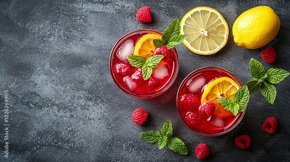 Aufkleber raspberry cocktail fizz lemonade ice tea with fresh mint on grey stone background copy space top vie