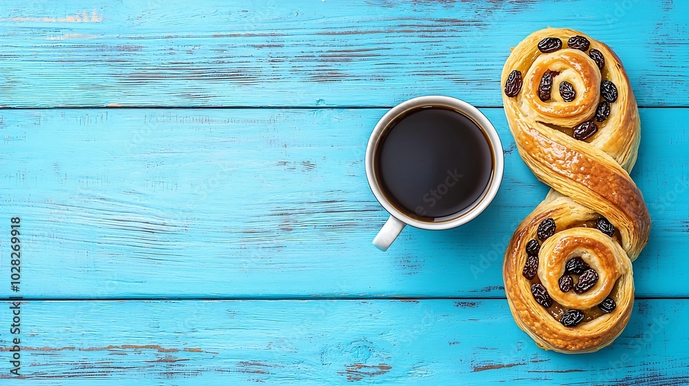 Poster fresh danish pastry with raisins with a cup of black coffee on blue table background top view copy s
