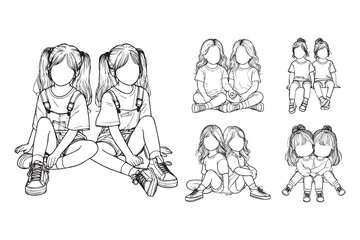 Hand-drawn clipart depicting cute twin siblings