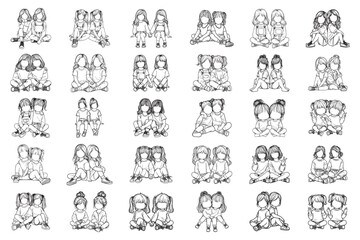 Bundle Line Art Cute Twin Sister Child Happy twin sisters expressing happiness Illustration Hand Drawn Clipart