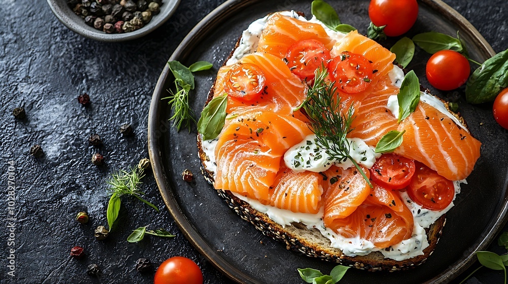 Poster sandwich with salmon vegetables and cream cheese on plate dark background close up top view : genera