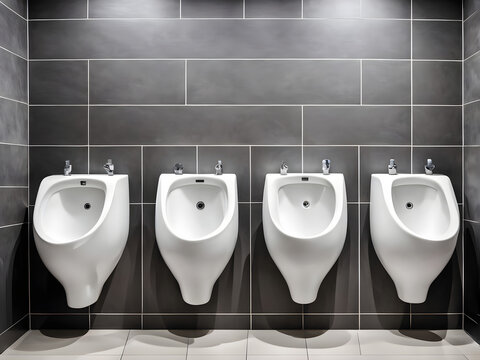 Row of white ceramic urinal chamber pot interior design men public toilet or restroom