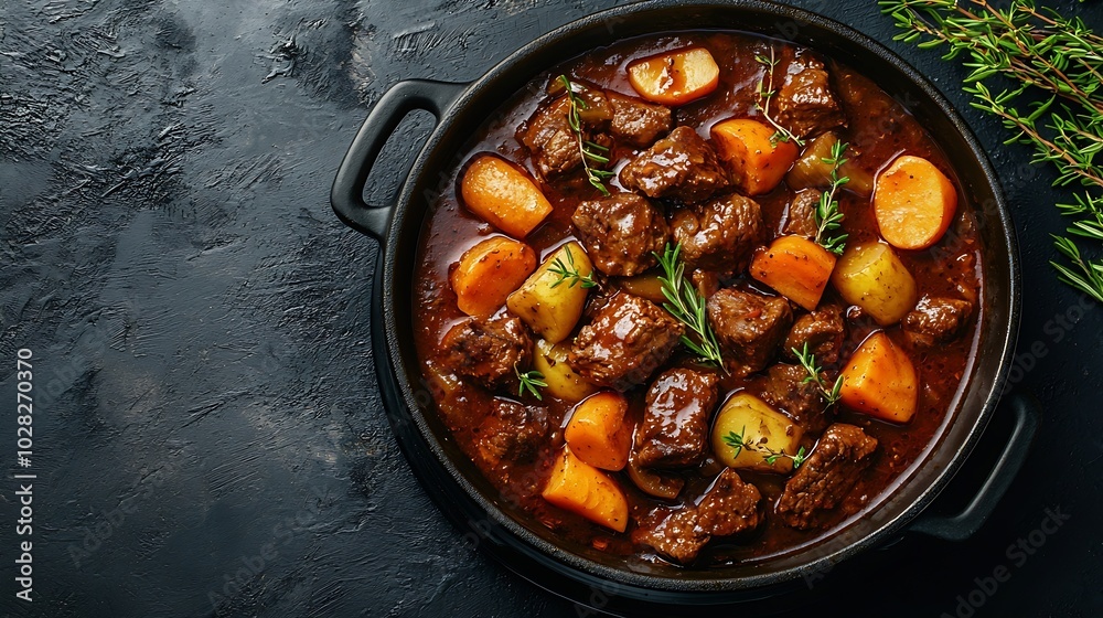 Poster beef bourguignon stew with vegetables grey background top view : generative ai