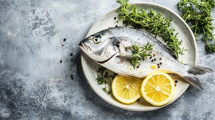 Fresh raw fish dorado on a plate with herbs and slices of lemon Grey stone background Top view Copy...