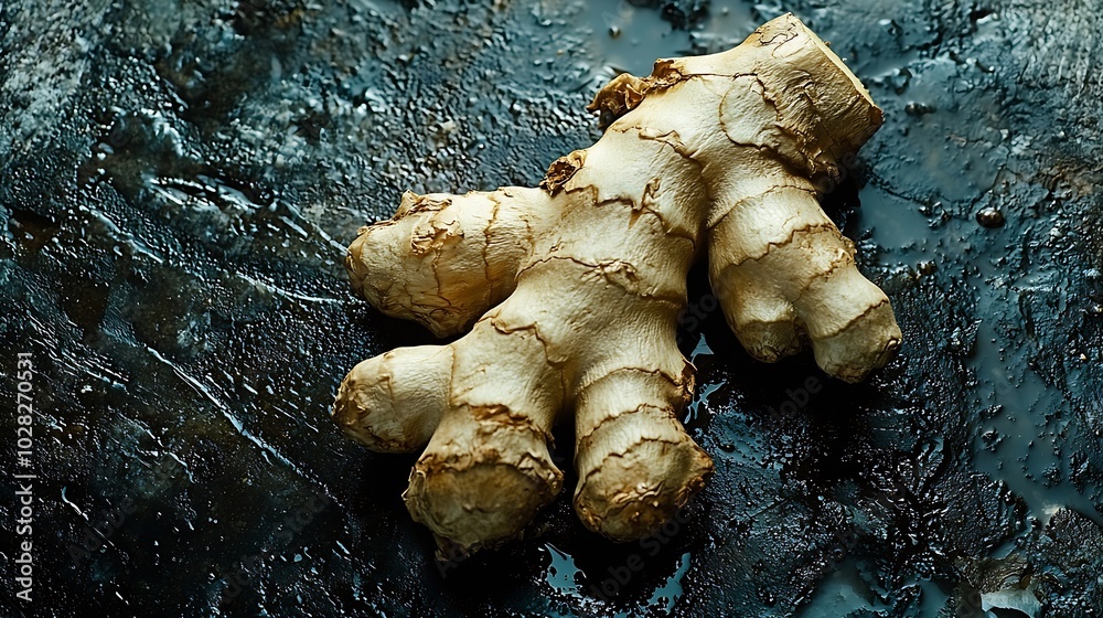 Poster fresh ginger root dark background top view copy space : generative ai