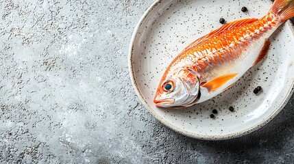 Red mullet fish on a white plate on a grey stone background : Generative AI