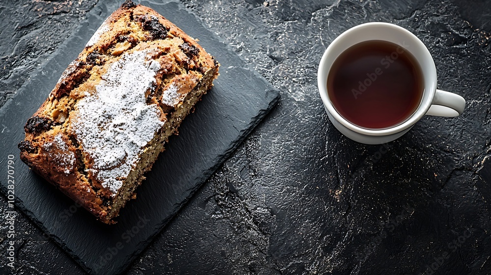 Poster banana coconut bread cake with cup of tea on slate board dark stone background copy space top view :