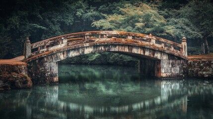 Stone Arch Bridge Over a Tranquil Pond in a Lush Forest