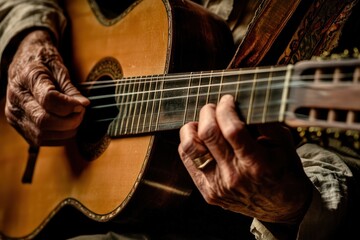 Fototapeta premium Close up of an older person's hands playing an acoustic guitar.