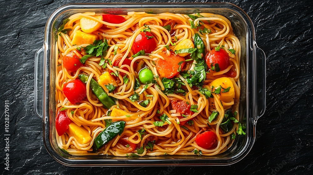 Poster stir fry noodles udon with vegetables in glass lunch box grey stone background top view : generative
