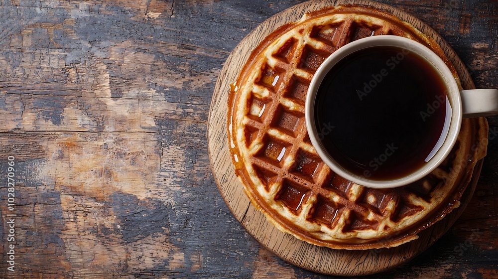 Poster whole wheat waffles with maple syrup and coffee on a wooden background : generative ai