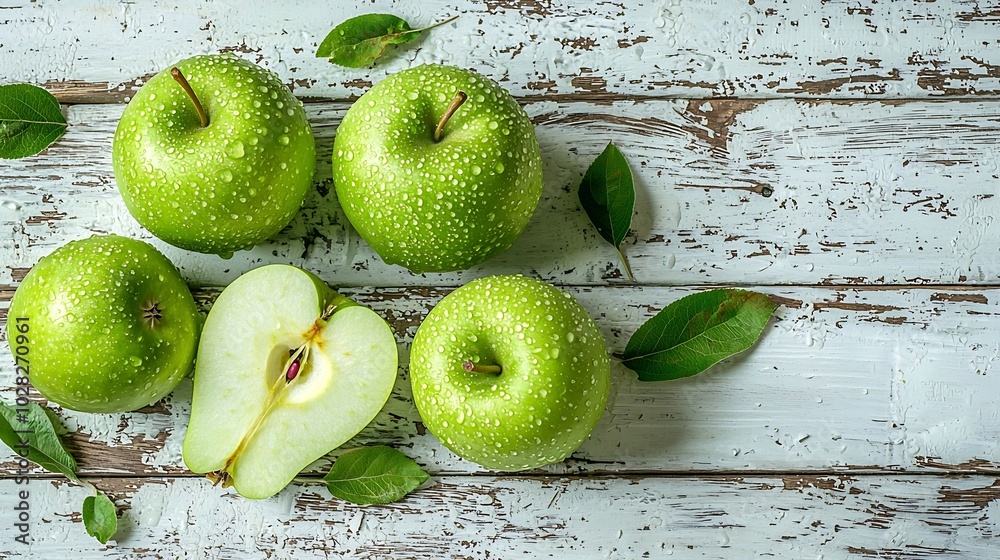 Poster green apples and pear on a white wooden background copy space : generative ai