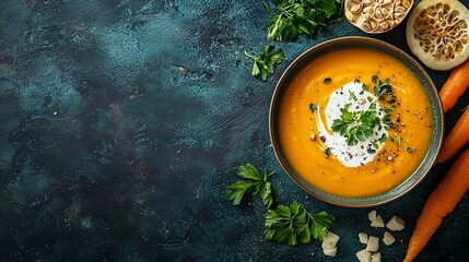 Pumpkin and carrot soup with cream and parsley on blue stone background Top view Copy space : Generative AI