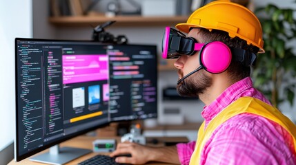 Software Developer in VR Headset Working on Code at Desk
