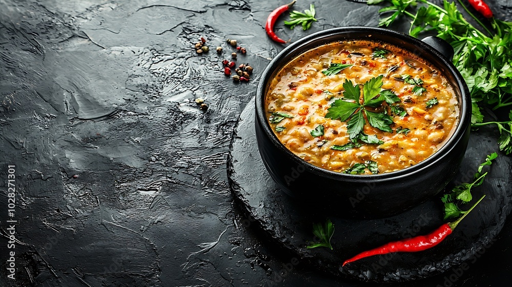 Poster bean soup in a black bowl grey background copy space top view : generative ai