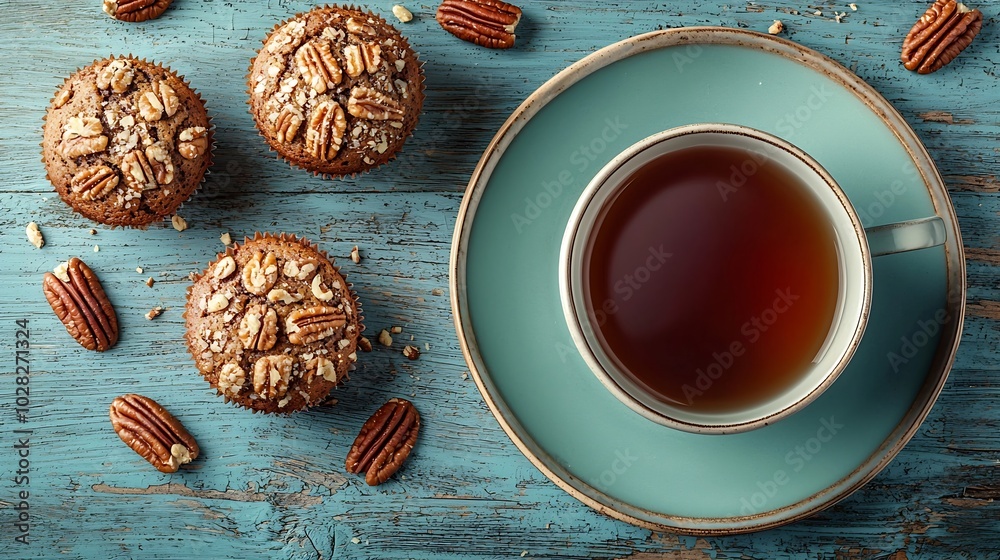 Poster pecan nut muffins on a plate with cup of tea on blue wooden background top view : generative ai
