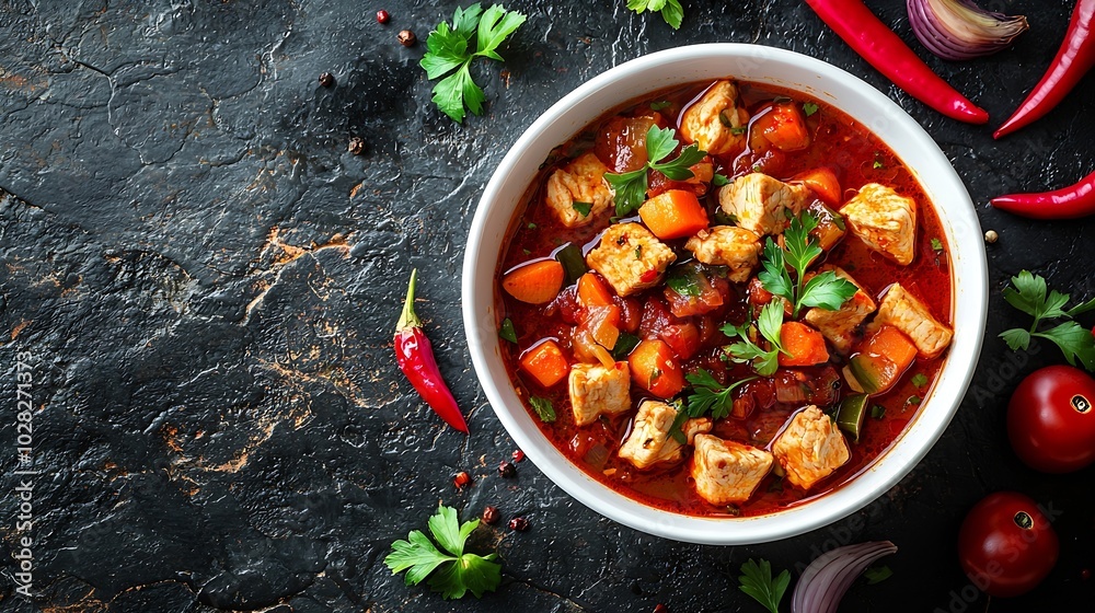 Poster chicken soup with vegetables in white bowl grey stone background top view : generative ai