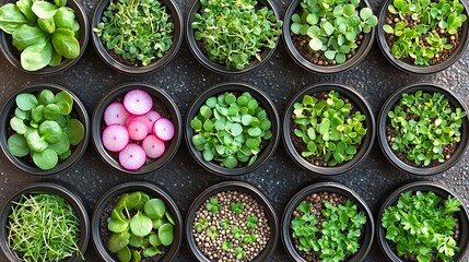 Assortment of micro herbs Chives radish sunflower chervil sprouts in containers Close up Top view : Generative AI