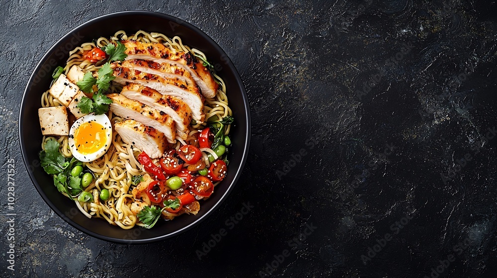 Poster asian noodle soup ramen with chicken tofu vegetables and egg in black bowl slate background close up