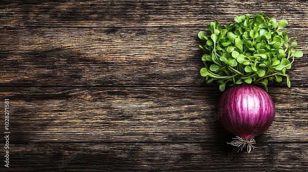 Poster red onion with fresh green sprouts on wooden background top view copy space : generative ai