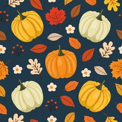 Seamless pattern with pumpkin, autumn Leaves, acorns and oak leaves for wallpaper, gift paper, pattern fills, textile, fall greeting cards.	