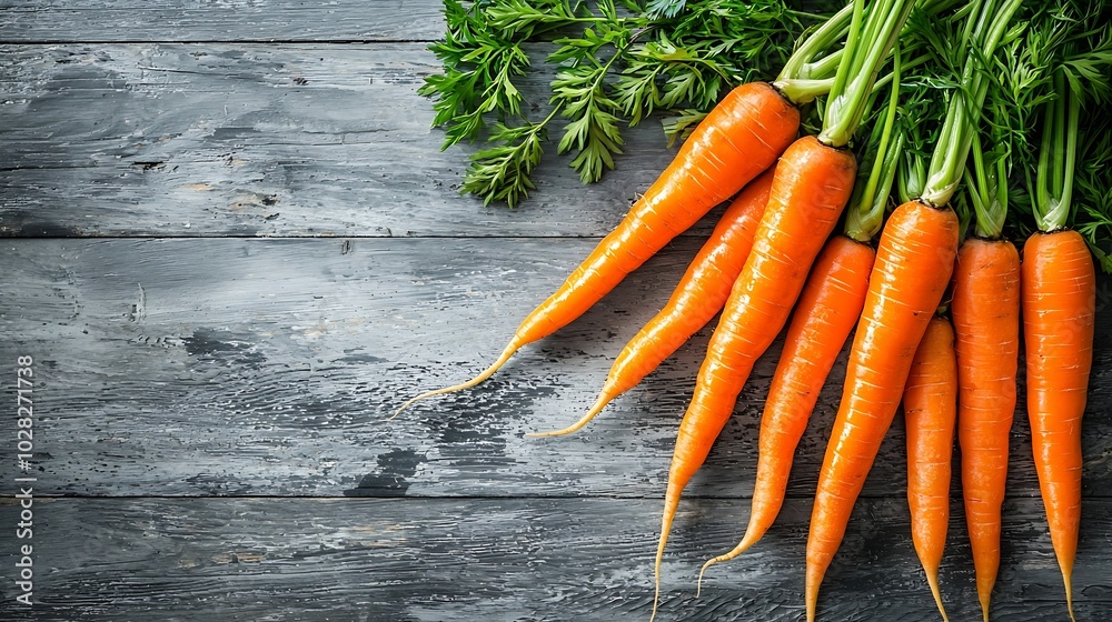 Poster fresh carrots bunch on a grey wooden background copy space top view : generative ai