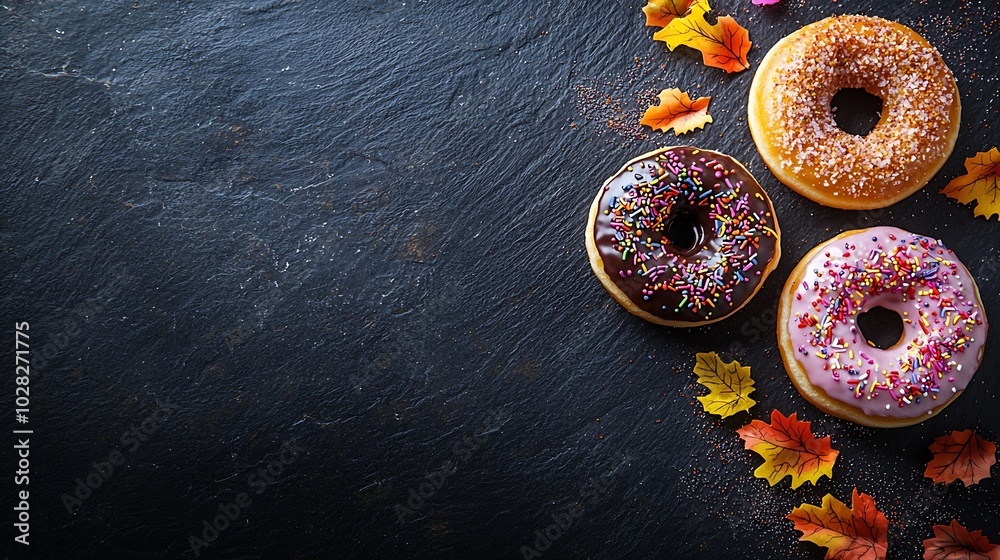 Poster donuts with halloween decoration icing on black slate background top view copy space : generative ai