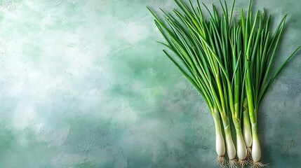 Green onions on green pastel background Flat lay composition Top view : Generative AI