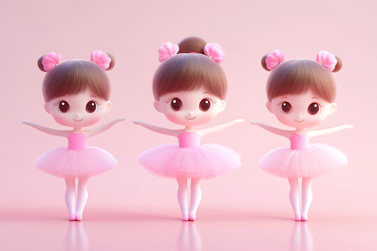 Three cute cartoon ballet dancers in pink tutus, showcasing joy and creativity.