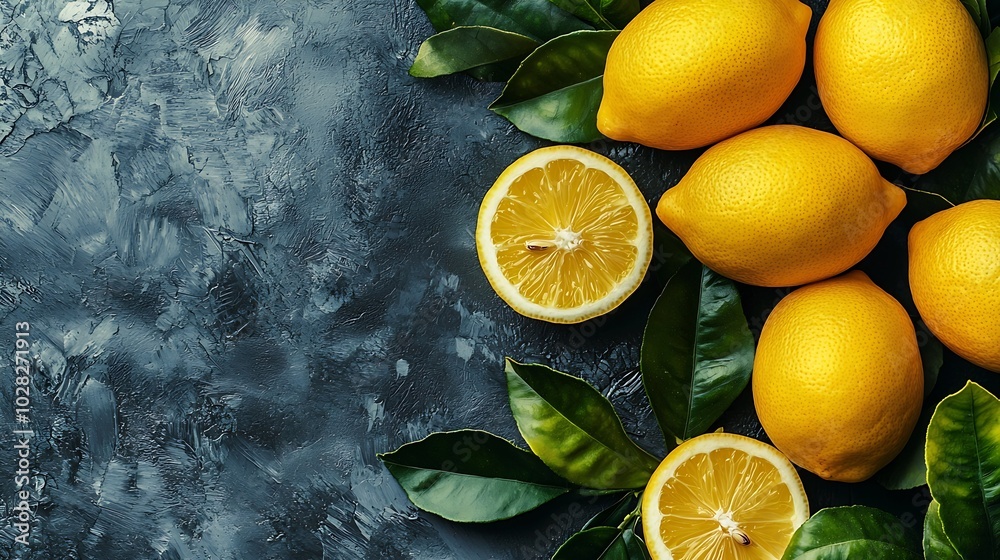 Aufkleber fresh lemons on grey background close up top view : generative ai