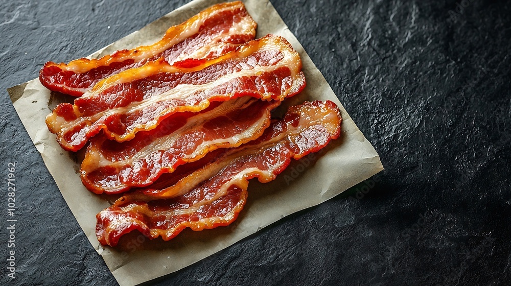 Aufkleber Raw bacon slices on parchment paper Grey slate background Copy space Top view : Generative AI