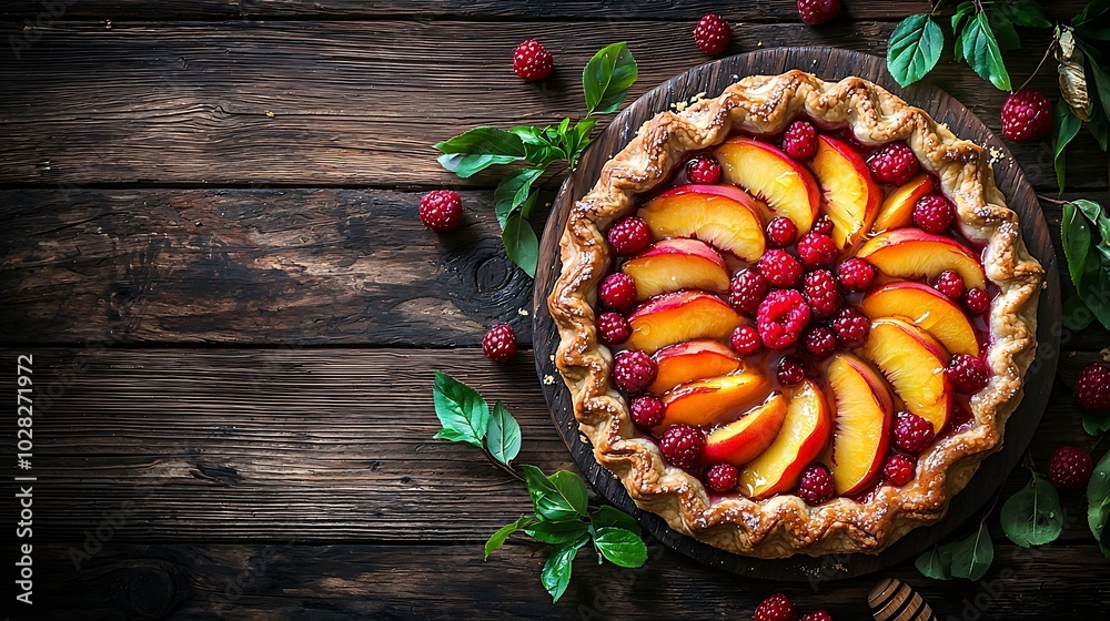Aufkleber peach galette pie cake with honey and berry on a wooden background : generative ai